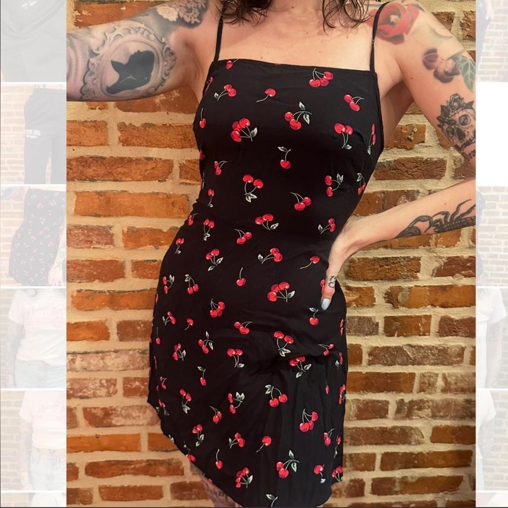 Cherry Print Black Dress